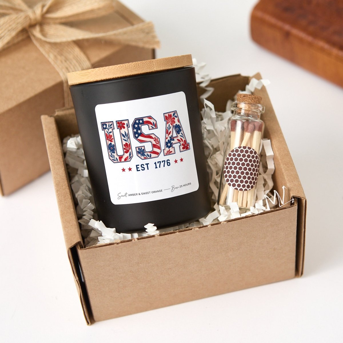 USA Est 1776 Candle, Patriotic Floral Gift, Fourth Of July Decor Present With Gift Box And Mini Wooden Matches
