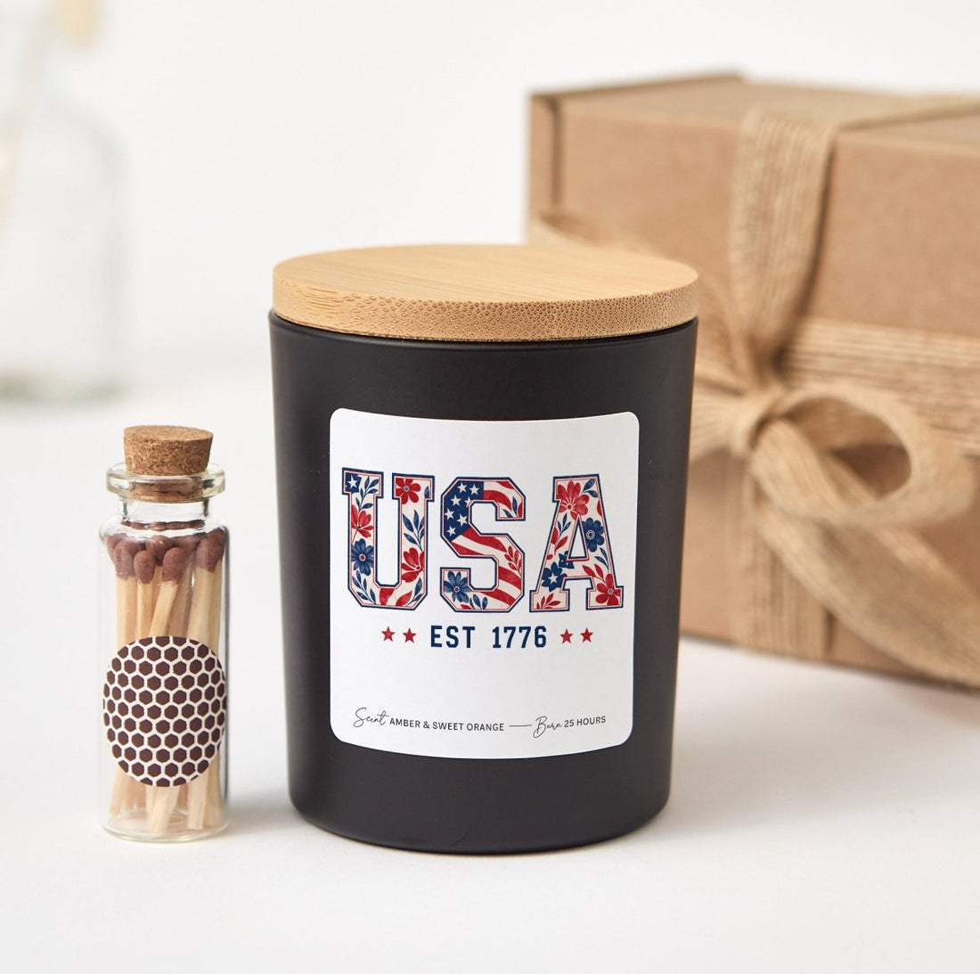 USA Est 1776 Candle, Patriotic Floral Gift, Fourth Of July Decor Present With Gift Box And Mini Wooden Matches