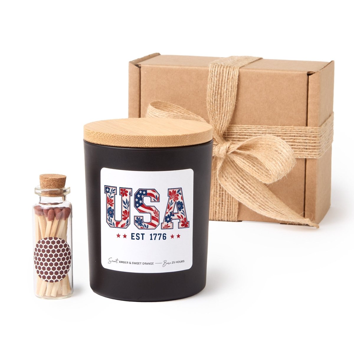 USA Est 1776 Candle, Patriotic Floral Gift, Fourth Of July Decor Present With Gift Box And Mini Wooden Matches