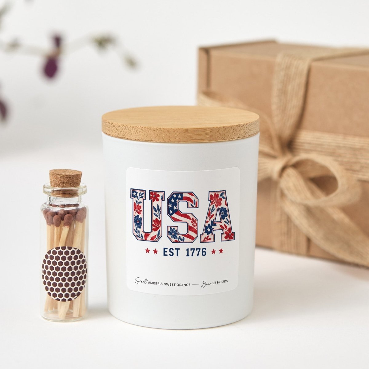 USA Est 1776 Candle, Patriotic Floral Gift, Fourth Of July Decor Present With Gift Box And Mini Wooden Matches