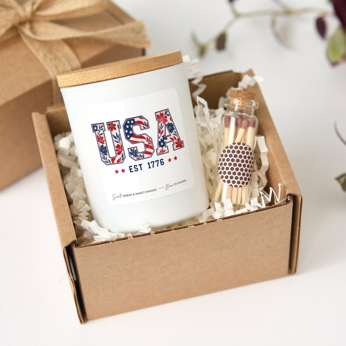 USA Est 1776 Candle, Patriotic Floral Gift, Fourth Of July Decor Present With Gift Box And Mini Wooden Matches