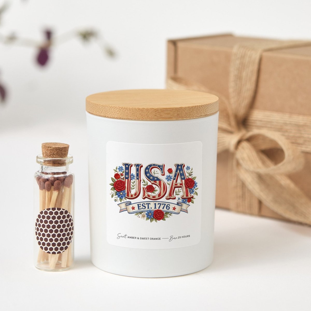 USA Est 1776 Candle, Patriotic Rose Floral Gift, American Pride Decor Present With Gift Box And Matches