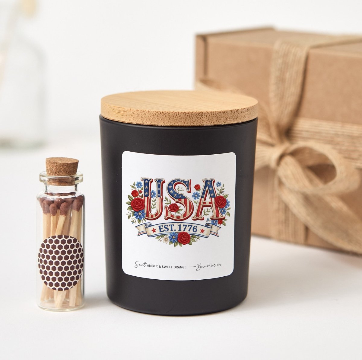 USA Est 1776 Candle, Patriotic Rose Floral Gift, American Pride Decor Present With Gift Box And Matches