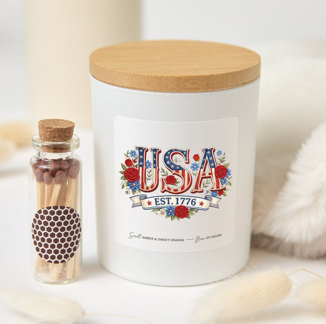 USA Est 1776 Candle, Patriotic Rose Floral Gift, American Pride Decor Present With Gift Box And Matches