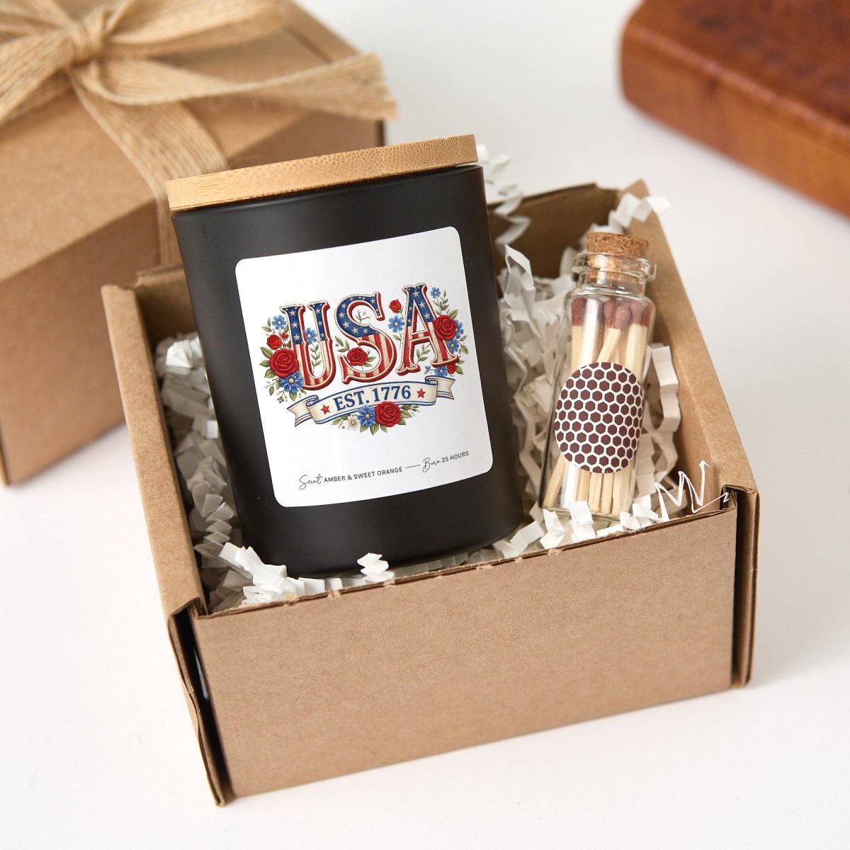 USA Est 1776 Candle, Patriotic Rose Floral Gift, American Pride Decor Present With Gift Box And Matches
