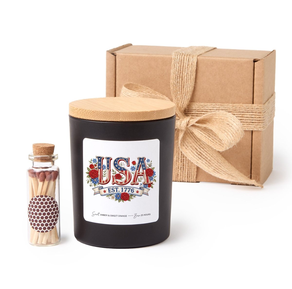 USA Est 1776 Candle, Patriotic Rose Floral Gift, American Pride Decor Present With Gift Box And Matches