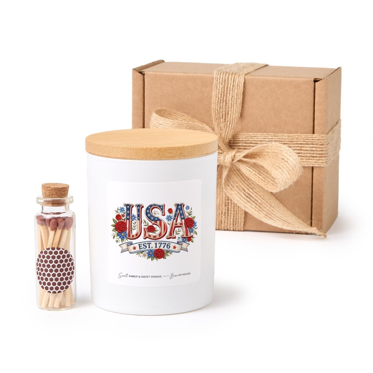 USA Est 1776 Candle, Patriotic Rose Floral Gift, American Pride Decor Present With Gift Box And Matches
