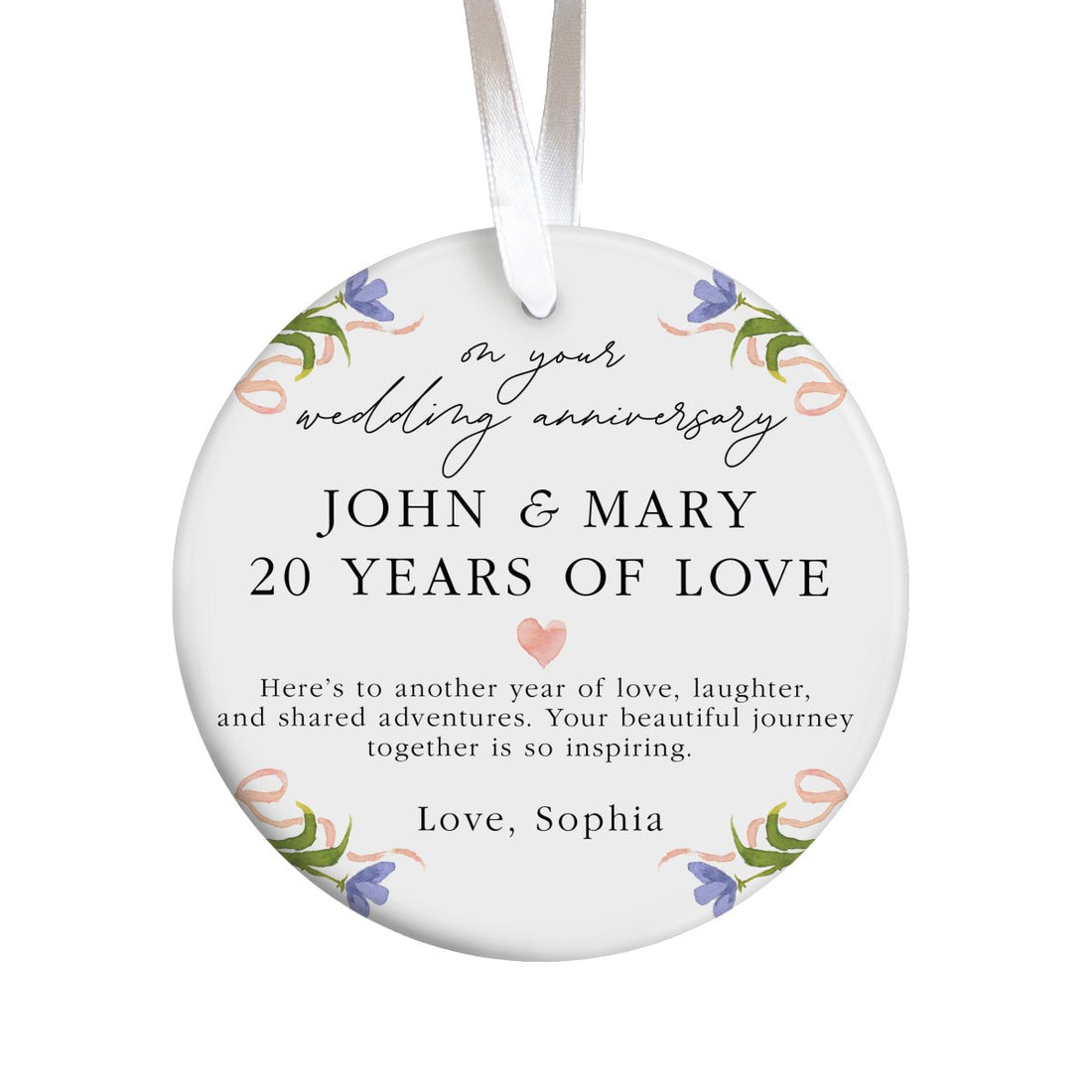 Wedding Anniversary Ornament for Couple, 20 Years of Love Keepsake with Floral Border, Heart, and Sweet Message