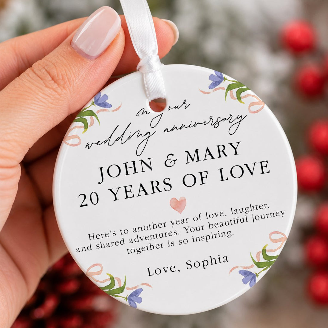 Wedding Anniversary Ornament for Couple, 20 Years of Love Keepsake with Floral Border, Heart, and Sweet Message