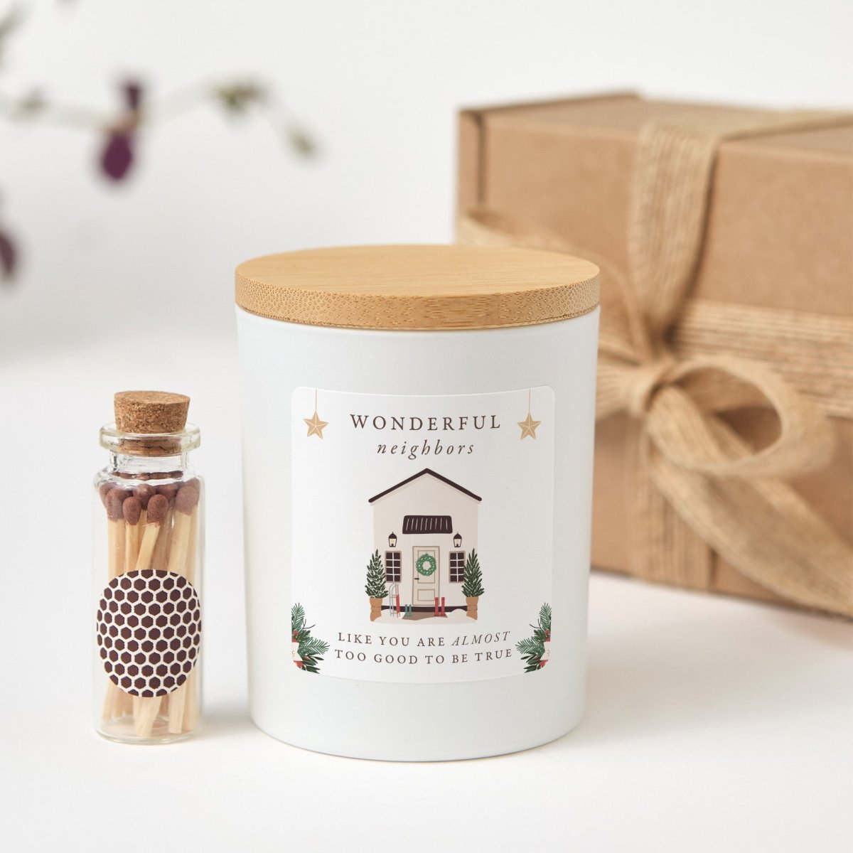 Wonderful Neighbors Candle, New Home Housewarming Gift with Free Gift Box, Wooden Matches and Rustic Ribbon